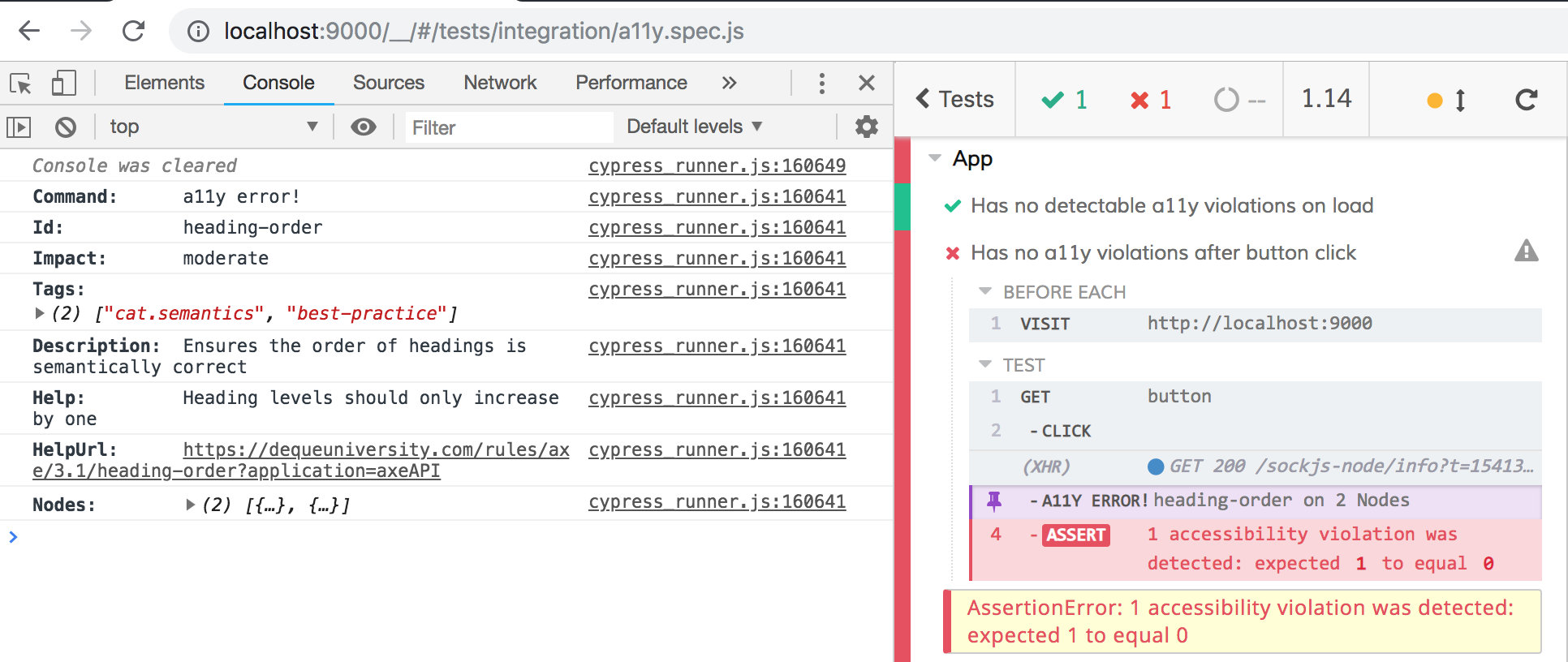 screenshot of Axe Cypress output