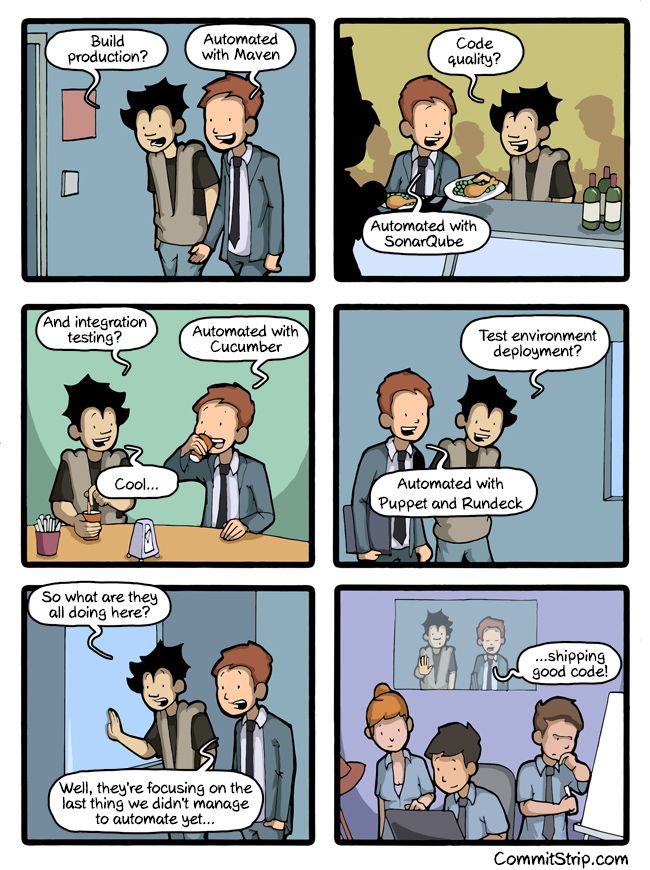 6 panel comic of two programmers talking. First four panels one is asking the other about different aspects of software development, and the other responding with technolgies they&rsquo;ve used to automate those aspects. Last two panels is the questioner asking &ldquo;what are all these programmers doing here then?&rdquo; and the other answers shipping good code!